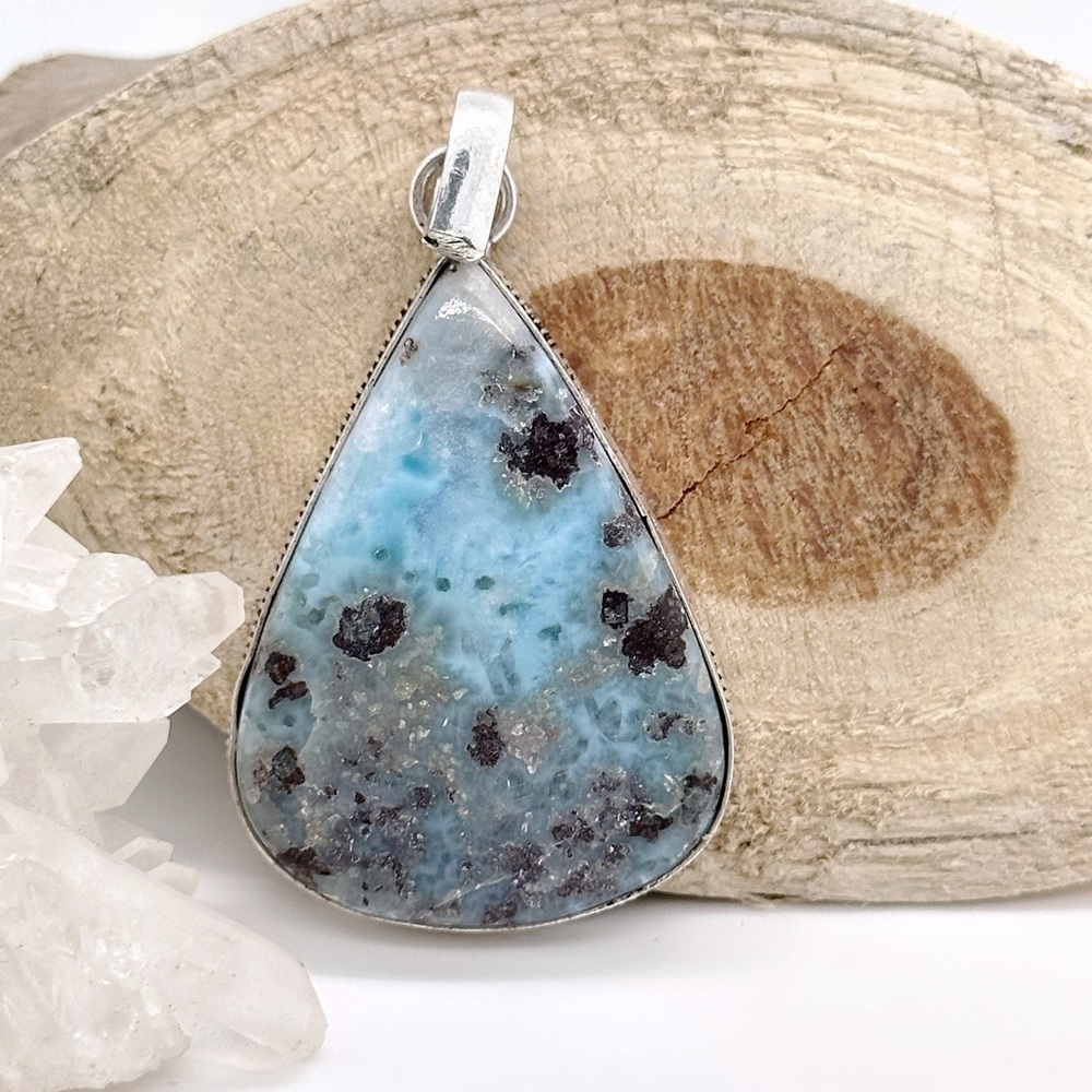 LARGE Larimar Natural Gemstone 925 Silver Pendant Necklace